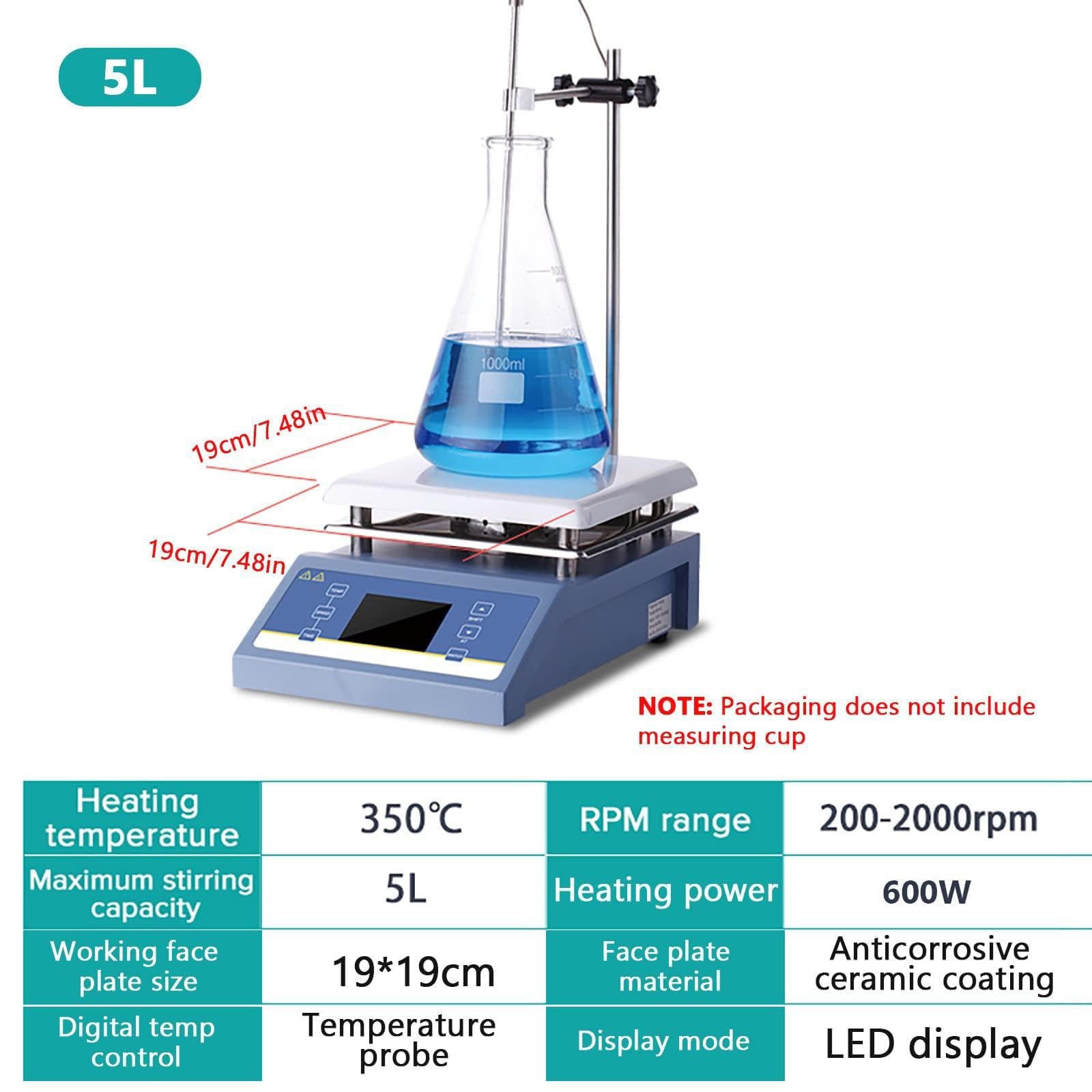 Agitador magnético con calefacción de 5 litros, placa caliente con agitador magnético de 600 W (recubierto de cerámica), temperatura de calentamiento: 350 ℃, rango de velocidad: 200-2000 RPM,Blue