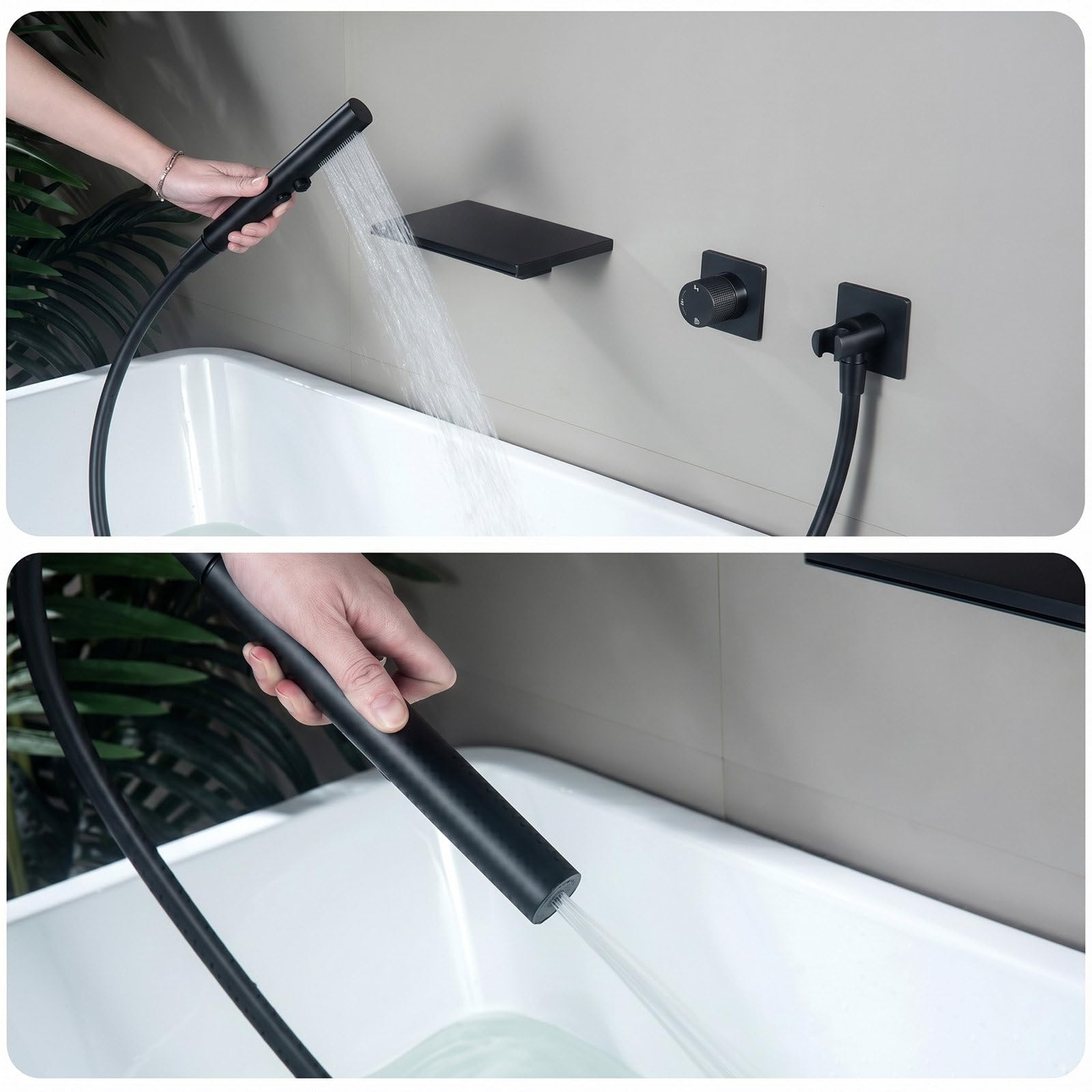 Wodospad do wanny z mosiężnym wkładem, 2 strumienie natryskowe ze stali nierdzewnej (deszcz/masaż), wąż PVC 1,5 m, bateria ścienna do wanny prysznicowej na ciepło i zimno