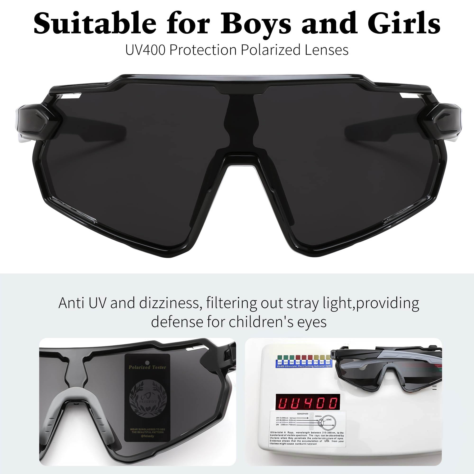 FEISEDY Jugendliche Kinder Sportbrille Polarisiert 6-15 Jahre Fahrradbrille UV400 Schutz Sport Sonnenbrille für Jungen Mädchen B0190