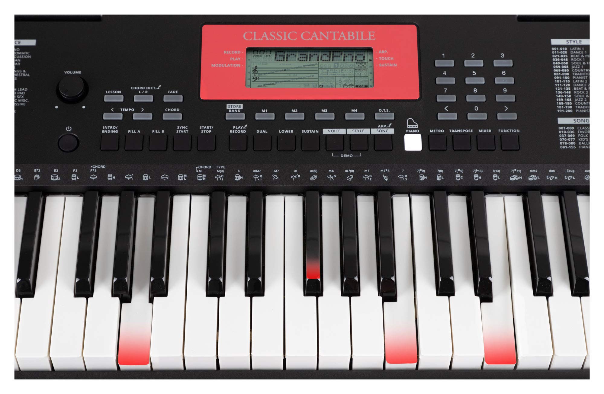 Classic Cantabile LK-290 Leuchttasten-Keyboard - 61 Tasten mit Anschlagdynamik - 580 Klänge und 200 Begleitrhythmen - Anschlüsse für Kopfhörer, Sustain-Pedal und MP3-Player - schwarz | 61 Tasten in Normalgröße mit roter LED-Beleuchtung, Anschlagdynamik (i