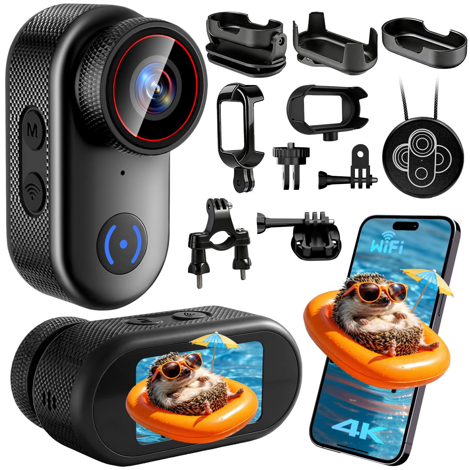 Camara Deportiva 4K, Mini Cámara de Acción WiFi, 140° Pequeña Videocámara de Casco Cámara Corporal Larga Duración con Varios Accesorios para Bici Moto Aire Libre
