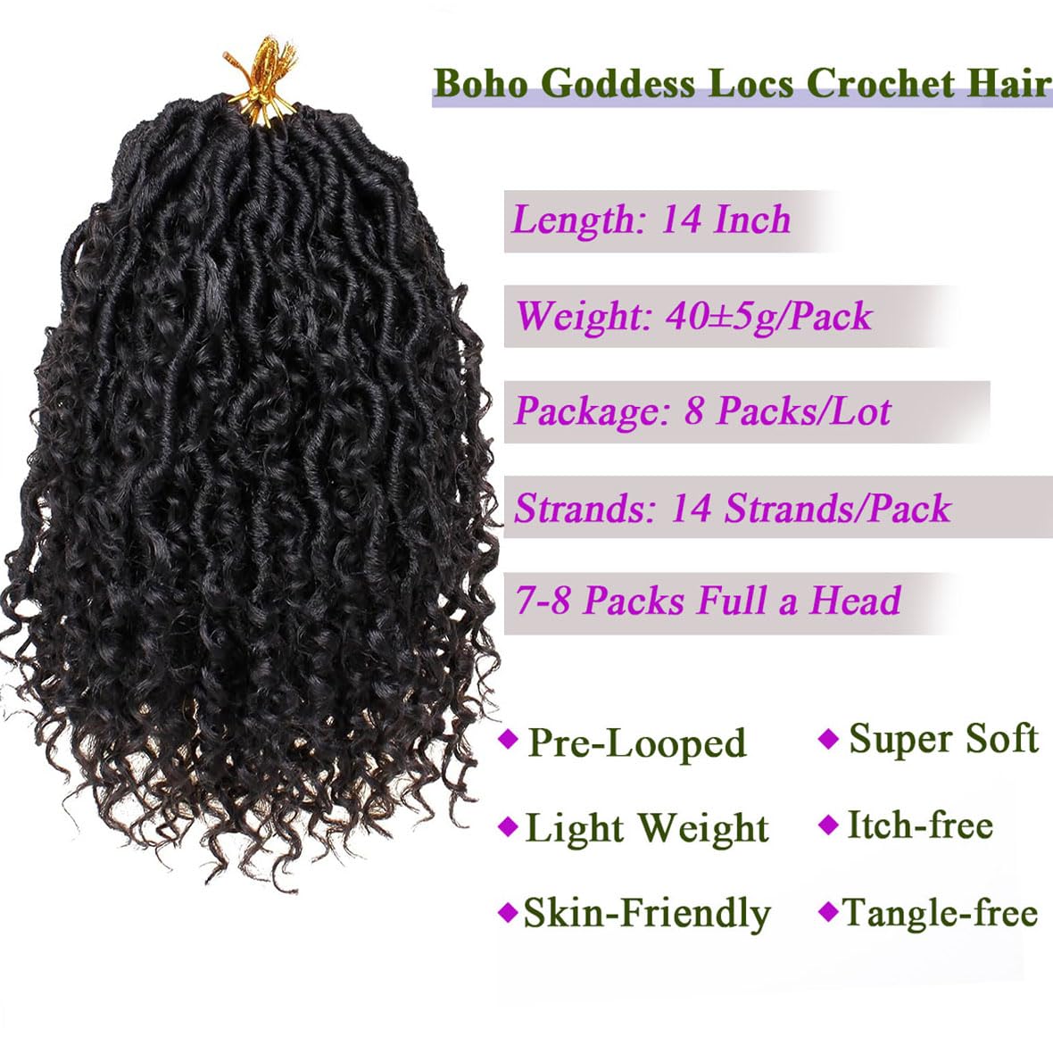 Kachanaa 14 Inch Pre-Looped River Locs Crochet Hair with Curly Ends 8 Packs Black Goddess Faux Locs Crochet Hair 14 Strands/Pack Synthetic Bohemian Locs for Woman /1B# - Image 3