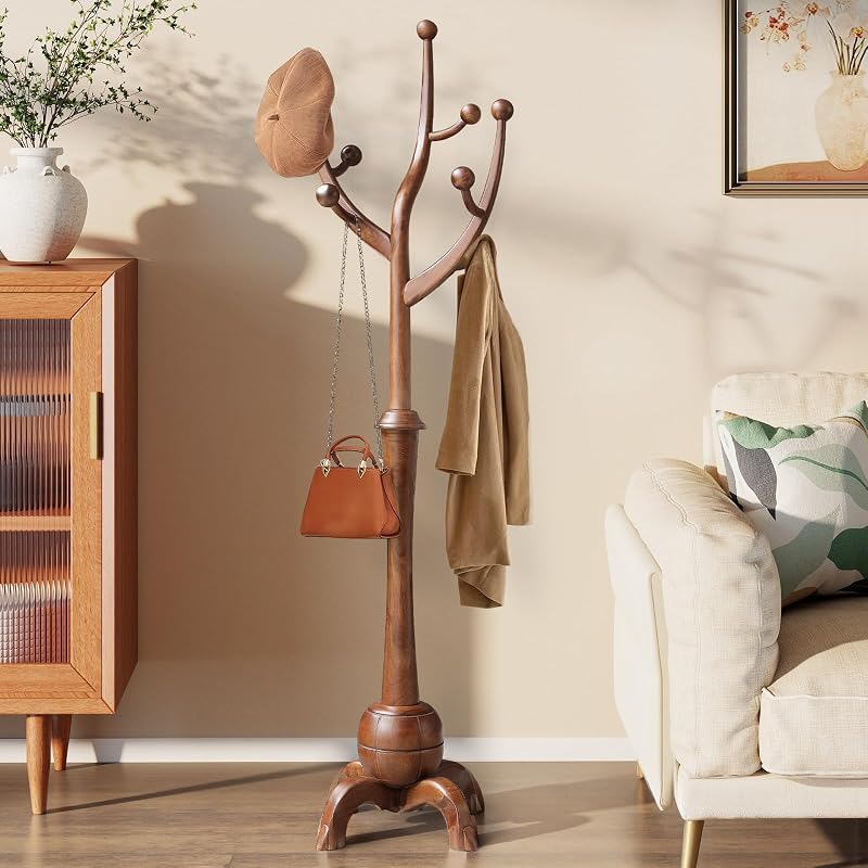 Wooden Coat Rack Freestanding Coat Tree with 8 Hooks, Walnut | Stable Sphere Base, Heavy Duty Standing Coat Hanger for Entryway, Hallway, Bedroom, Coats, Hats, Bags