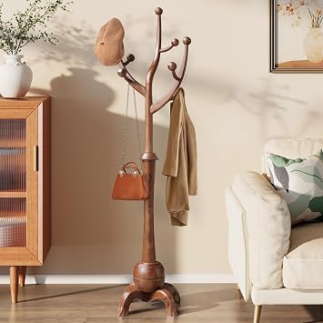 Wooden Coat Rack Freestanding with 8 Hooks, Heavy Duty Coat Hanger Stand with Stable Base, Vintage Coat Tree Standing Coat Racks for Entryway, Hallway, Bedroom Walnut