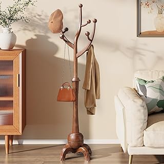 WOOW DEPOT Wooden Coat Rack Freestanding with 8 Hooks, Heavy Duty Coat Hanger Stand with Stable Base, Vintage Coat Tree Standing Coat Racks for Entryway, Hallway, Bedroom (Walnut)