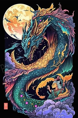 ZKOPAVS Kits de pintura de diamantes para adultos, coloridos dragones y luna redondos, kits de arte por números, kits de arte para decoración de