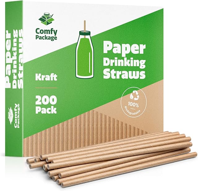 Comfy Package Kraft Paper Drinking Straws [200 Pack] 100% Biodegradable & Ink-free