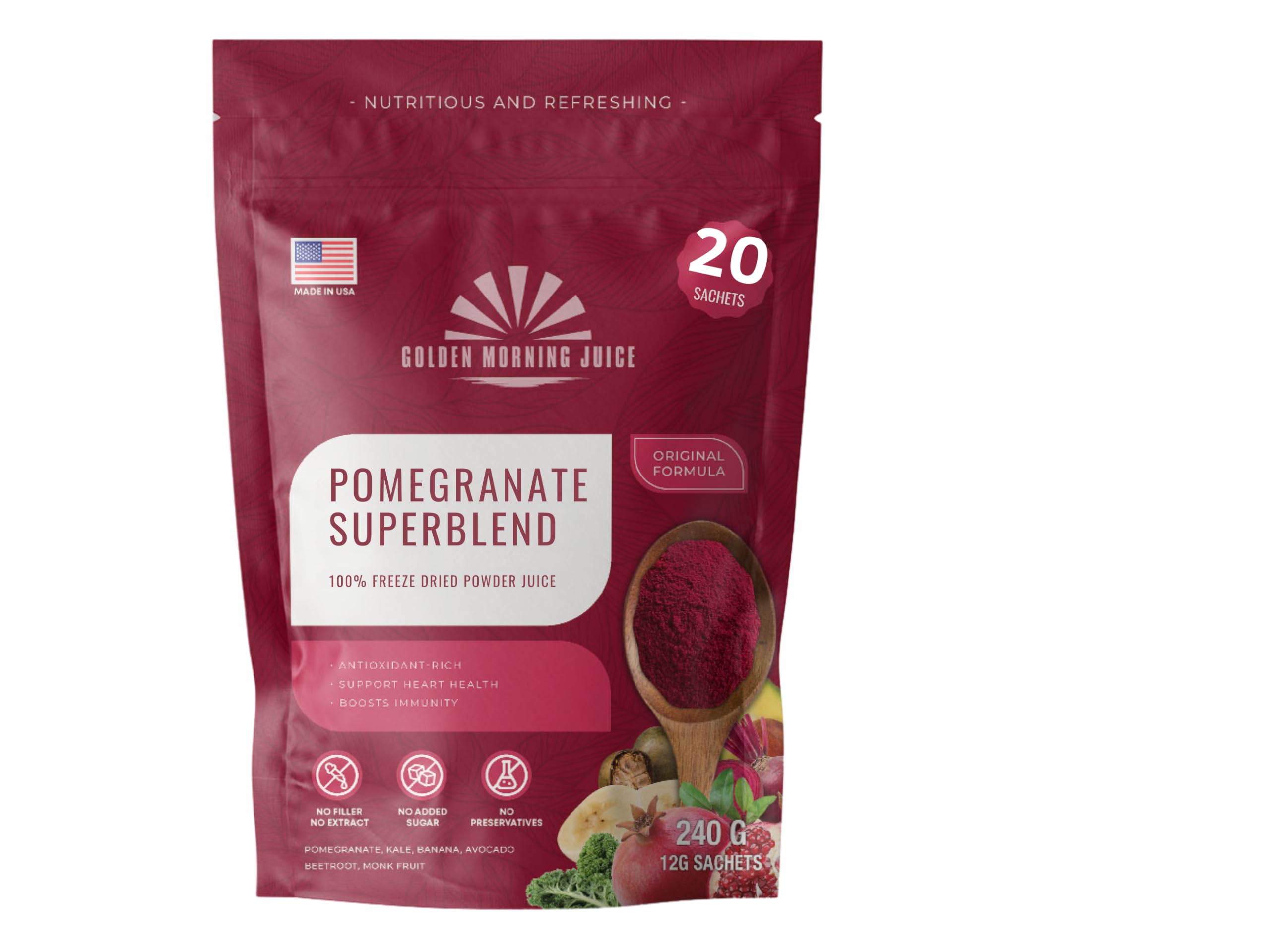 Pomegranate Superblend 100% Freeze Dried Powder Juice, Pomegranate, Avocado, Kale, Beets, Banana, Monk Fruit, No Sugar added.