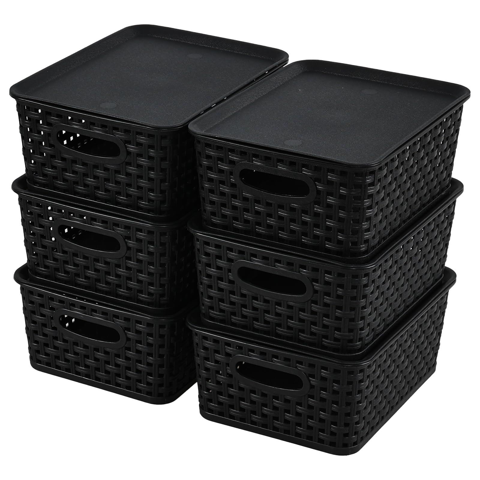 Nihenok 6-Pack Plastic Storage Basekts Bins Boxes Conatiners with Lids, Lidded Storage Baskets, Black