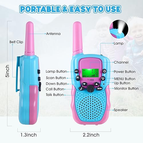 Miniatura 5 de Jeebuu Walkie Talkies para niños, 22 canales de 3 kilómetros de alcance de 2 vías, Walkie Talkies al aire libre, juguetes STEM para niñas de 3 a 12