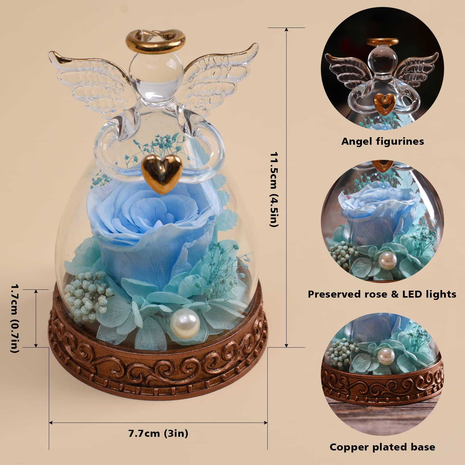 Angelo regalo per donne, mamma, nonna, vera rosa conservata in vetro angelo statuetta con luce LED, 1PSC Rose regalo per festa della mamma, Natale, compleanno, San Valentino (blu)