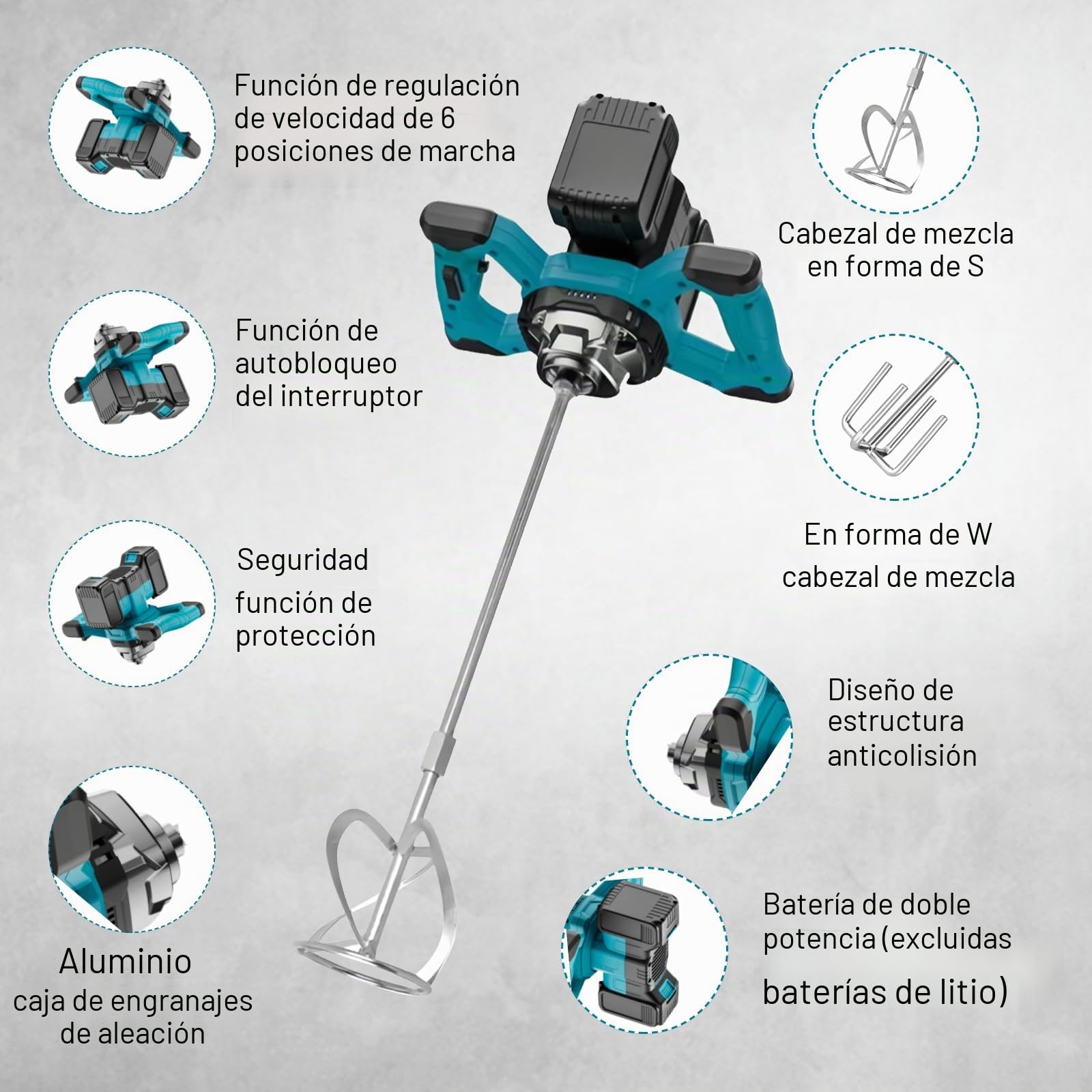 Mezclador de cemento compatible con batería de 18-21 V, mezclador de mortero de pintura, mezclador de 3100 W (sin batería), motor sin escobillas de cobre, interruptor bloqueable, ergonómico, mezclador