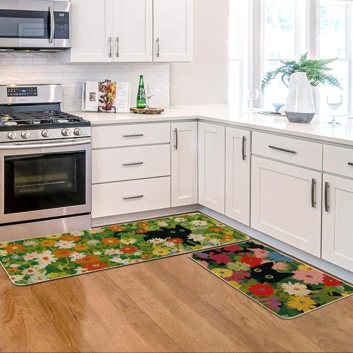 Artoid Mode Flowers Floral Black Cute Cat Spring Kitchen Mats Set of 2, Home Decor Low-Profile Kitchen Rugs for Floor - 17x29 and 17x47 Inch