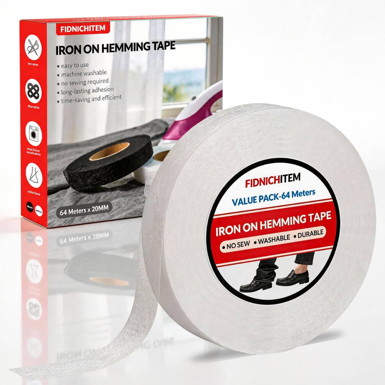 fidnichitem No Sew Iron On Fabric Hemming Tape (64M x 20MM, White)