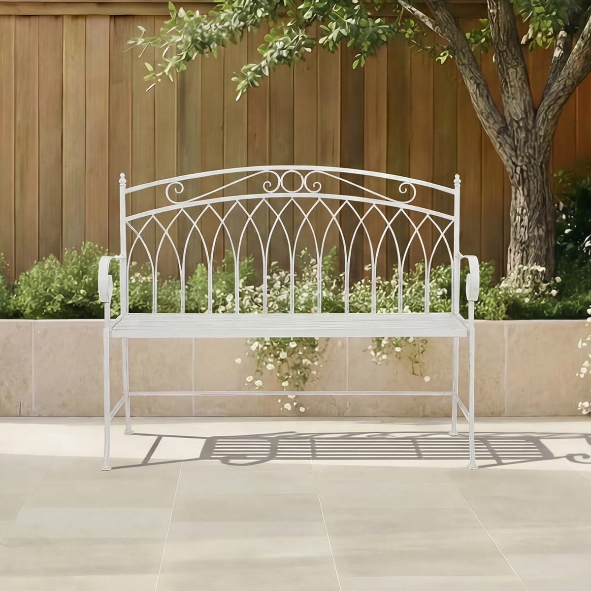 CHARLES BENTLEY Garden Bench, Antique White, Rustic Metal, Decorative, Curved Armrests, Lightweight, Weather Resistant, Outdoor, Patio, Balcony, Decorative Seating, Easy to Move, Rustic (104.5x89cm)