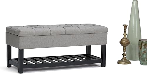 Miniatura 11 de SIMPLIHOME Saxon - Banco otomano rectangular de transición de 43 pulgadas de ancho en tela de aspecto de lino gris paloma, montado para la sala de