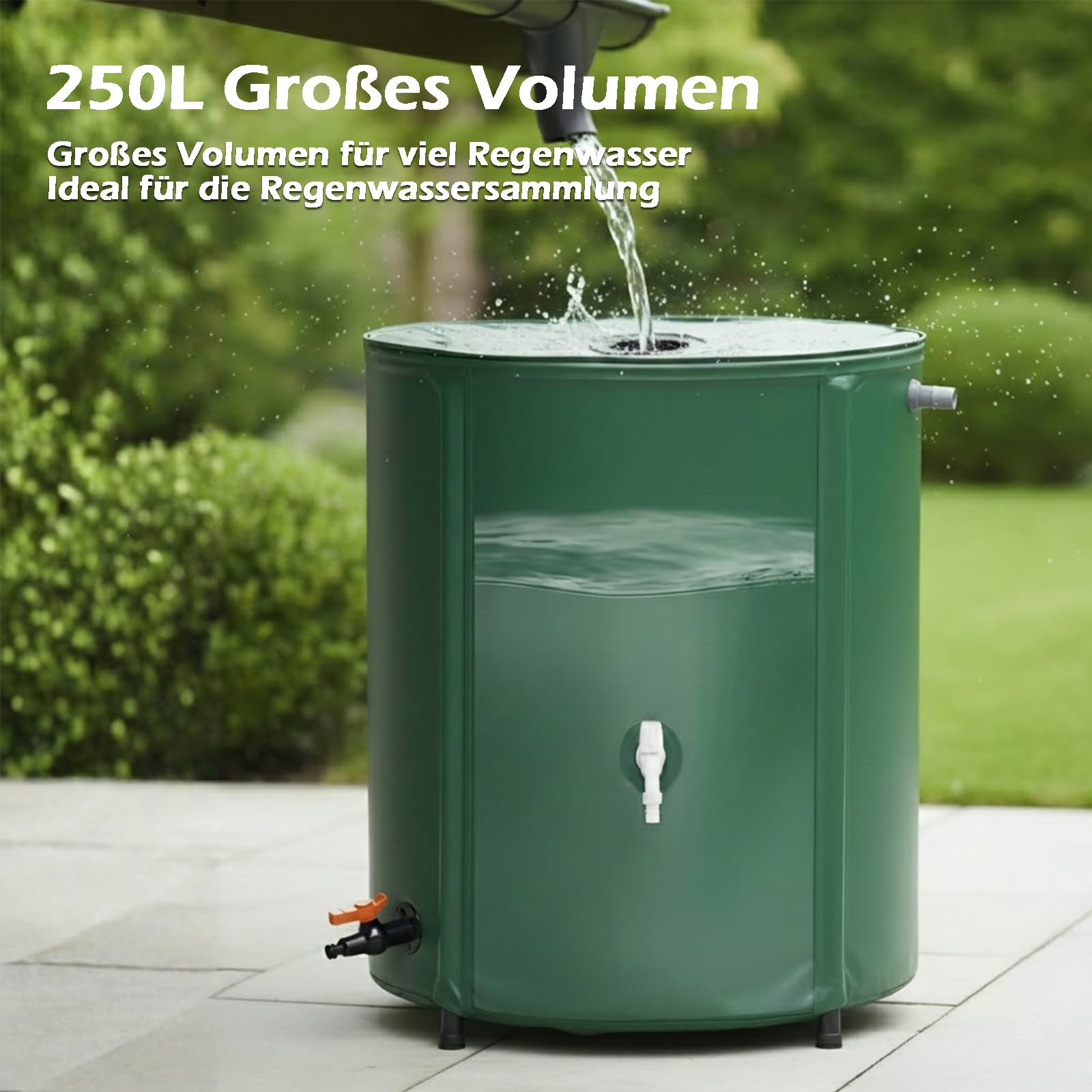 Faltbare Regentonne 250L Regenwassertank aus PVC Gartenwassertank mit Deckel, Wasserhahn, Überlaufventil Regenwassertonne Regensammler platzsparender Regenfass für Garten, Terrasse und Balkon