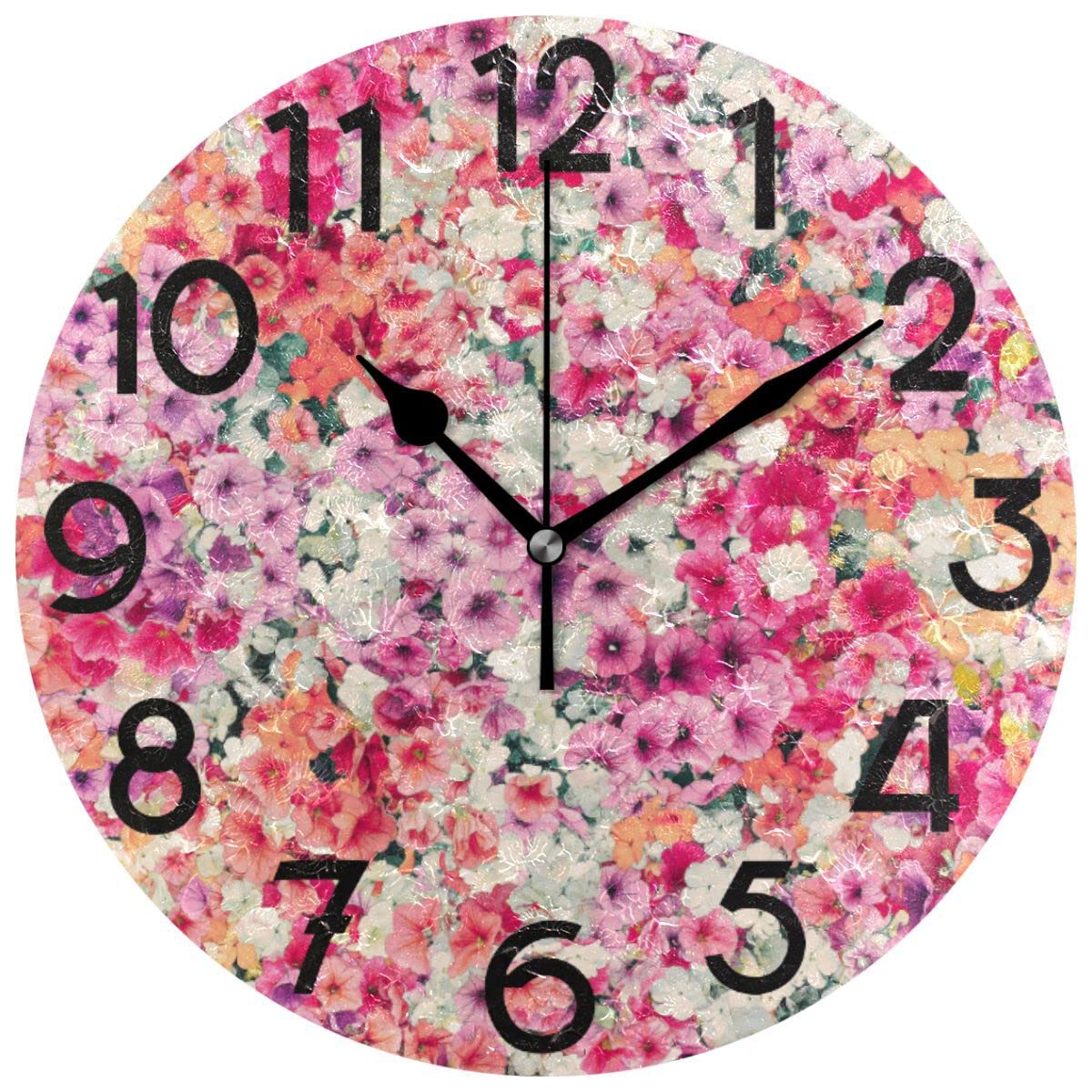 WamikaSpring Flowers Pink Purple Round Wall Clock 10 Inch Morning Glory Daisy Tulip Sunflower Clocks Large Numbers Quartz Battery Operated for Bathroom Living Room Kitchen Bedroom