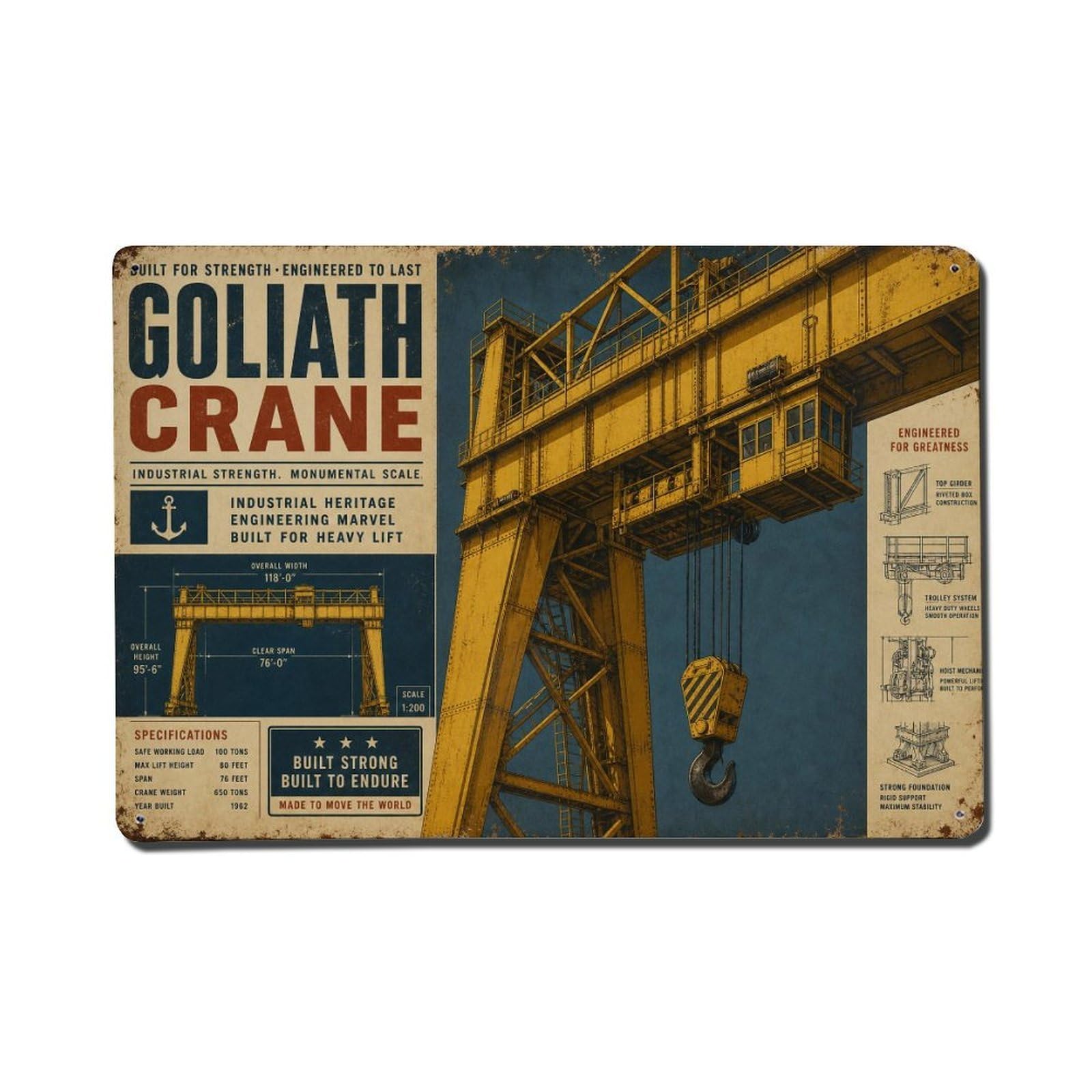 Vintage Travel Goliath Crane Belfast Shipyard Blue Giant Metal Tin Sign