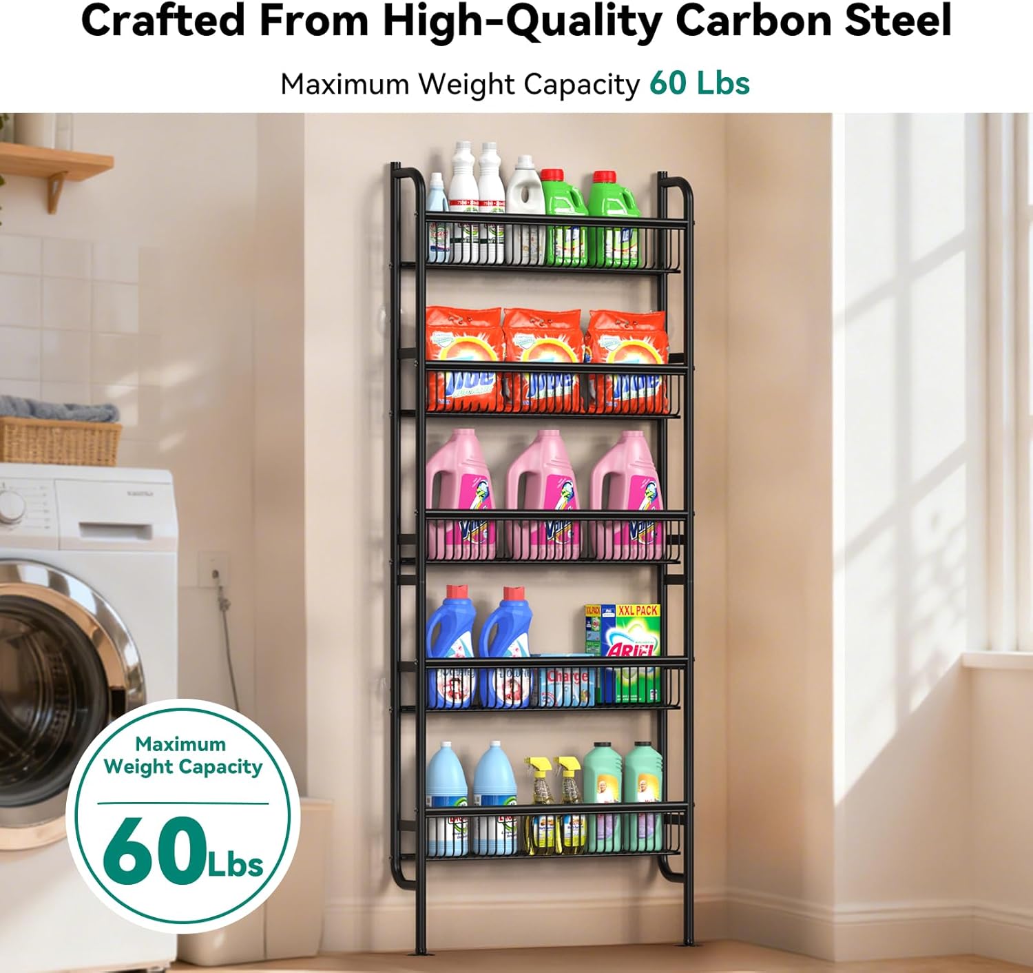 NECHEGE Slim Shelf Behind Door Storage Rack, 5-Tier Multi-Purpose Space-Saving Organizer for Bathroom, Kitchen, Living Room-Sturdy Metal Bookshelf for Narrow Spaces