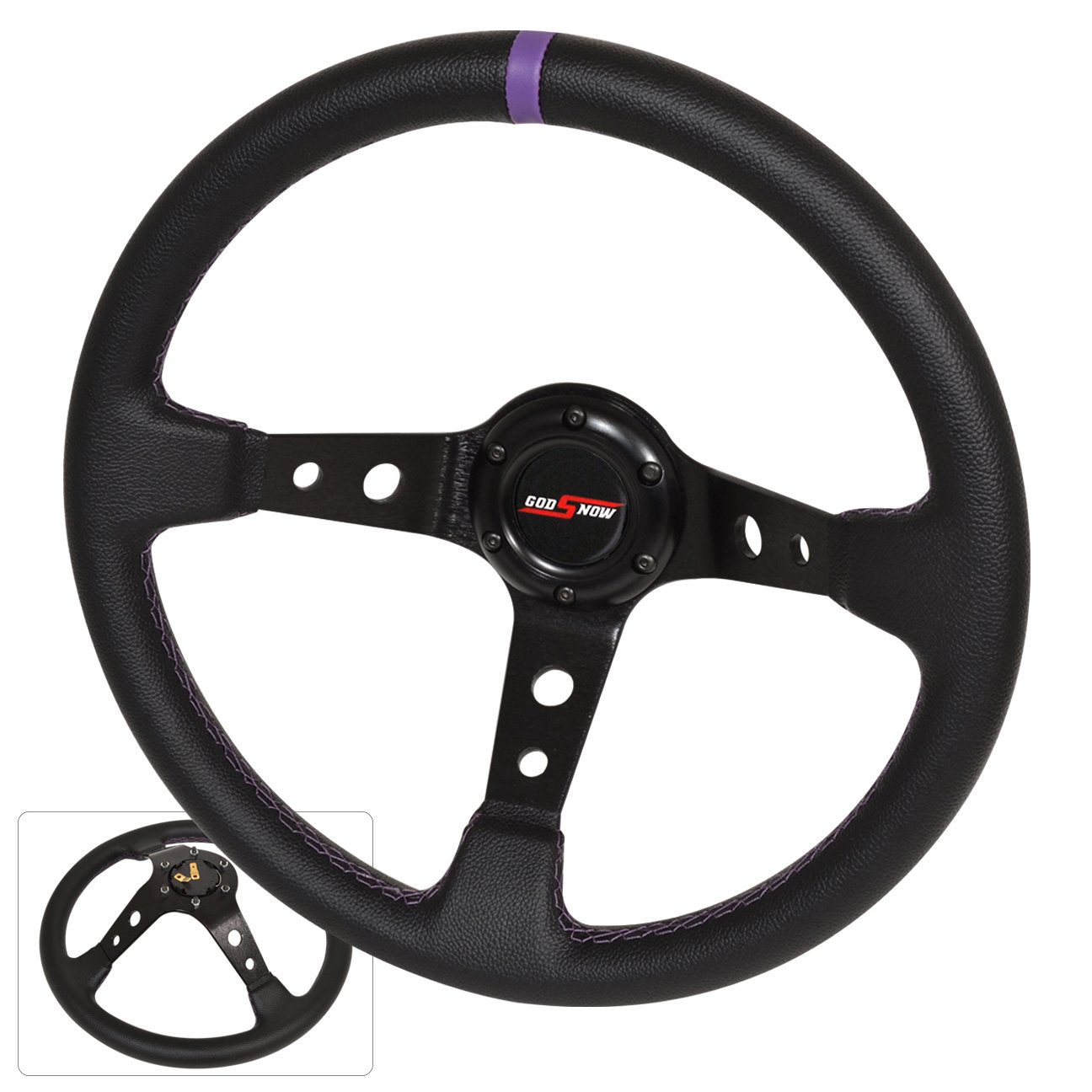 AJP Distributors 6 Bolt 350mm Deep Heavy Duty Metal Steering Wheel Purple Stitches Black Circle Hole 3 Spokes + Godsnow Horn Button