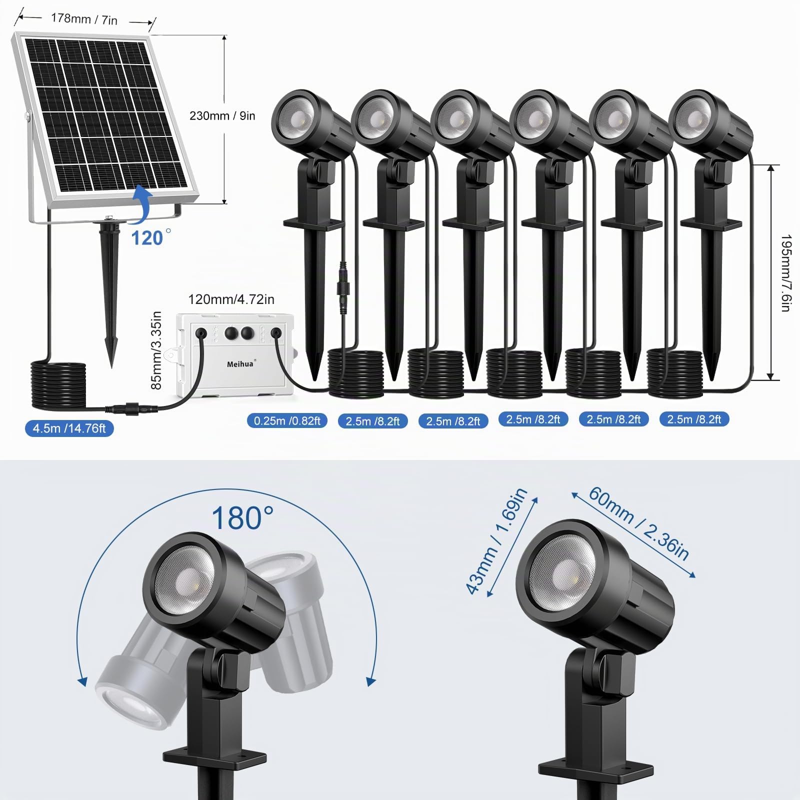 MEIHUA LED Solar Strahler 6 Stück 2700K Warmweiß 3 Helligkeit 3 Modi Solar Gartenleuchte 6000mAh 6V 6W Solarlampen für Außen IP66 Wasserdichte Auto On/Off Gartenstrahler für Gärten Pfad Bäume | Solar Gartenleuchte 6000mAh 6V 6W Solarlampen Für Außen IP66
