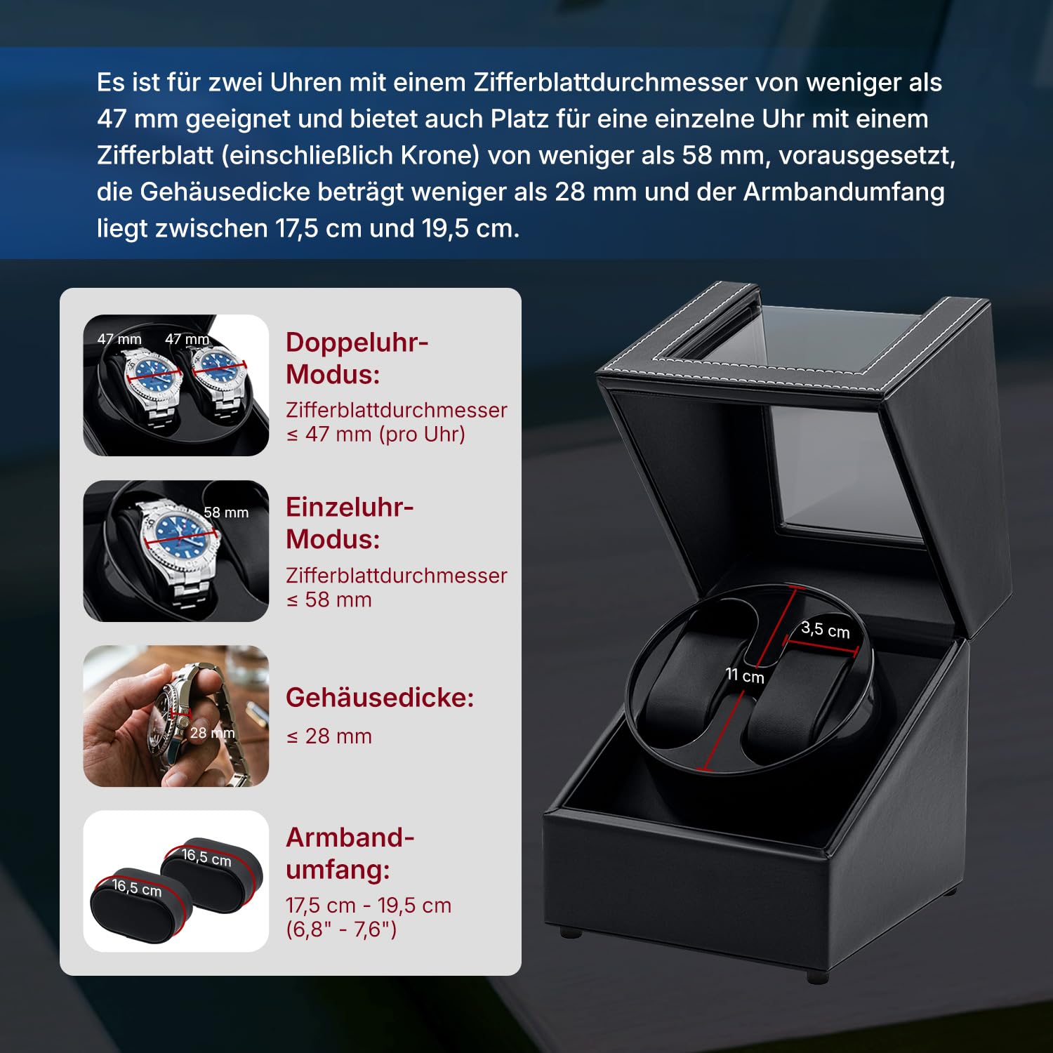 Mcbazel Uhrenbeweger 2 Uhren, Watch Winder für Herren und Damen USB-C Aufladung Uhrenbeweger Automatik TPD 970-2430 Zwei Wickelschwingmodi für Automatikuhren PU Leder - Schwarz