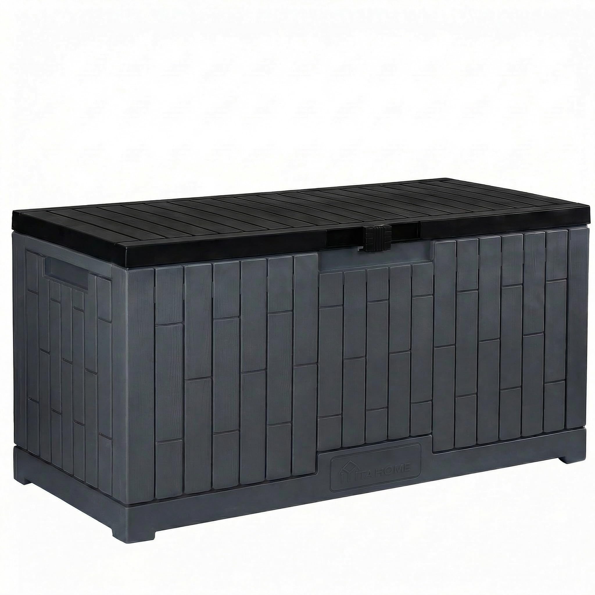 yitahome large outdoor storage box | 120 gallon waterproof resin deck box w/slide-locking black lid, patio storage bin and bench seat for garden tools, cushions