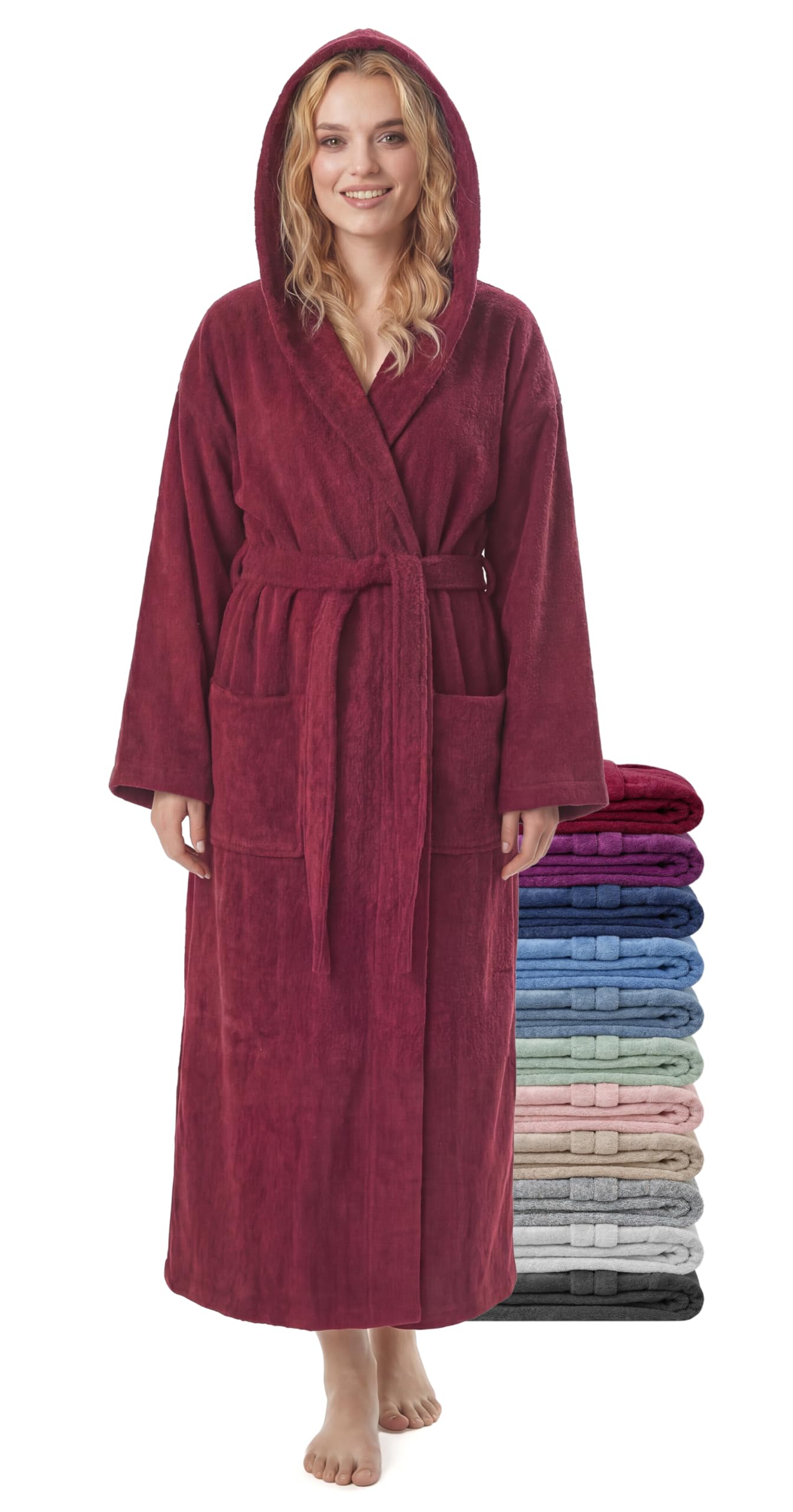 jazzylab Women’s Extra Long Bathrobe with Hood, 100% Cotton Terry 380 gsm, Burgundy, XXL Long