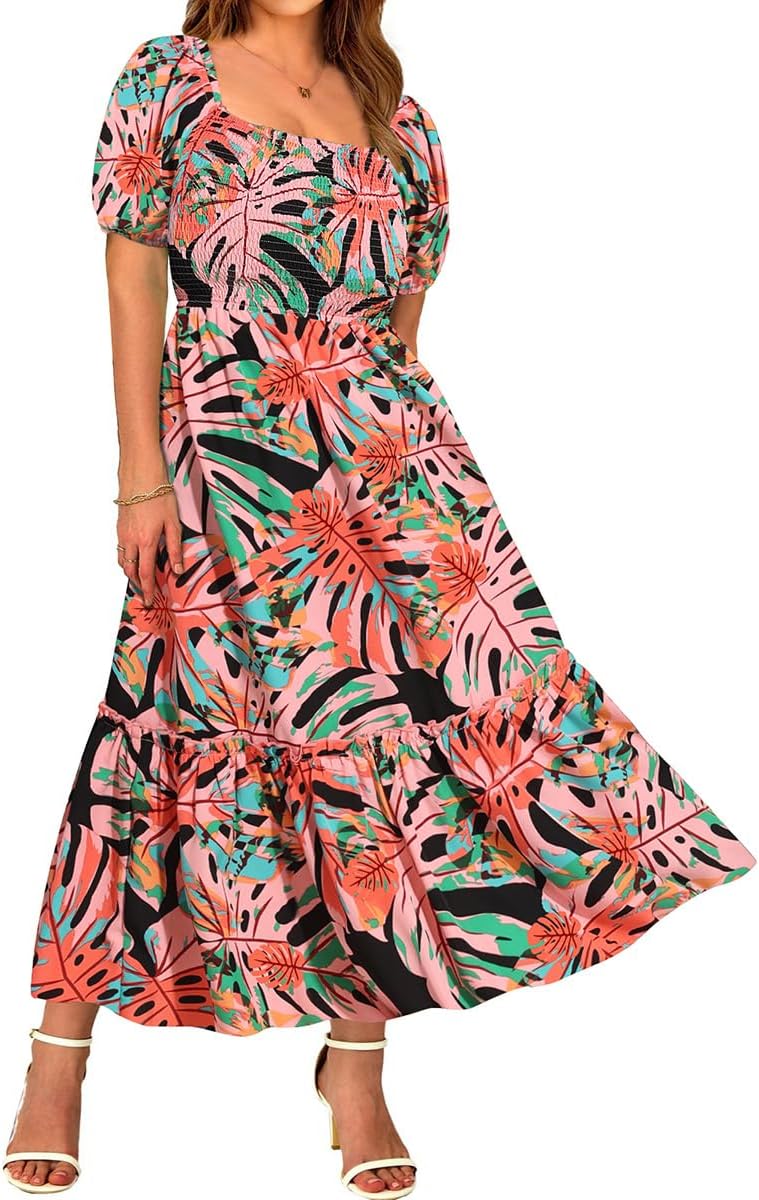 CARCOS Plus Size Dresses for Curvy Women Off Shoulder Square Neck Puff Sleeve Smocked Maxi Summer Dresses with Pocket XL-5XL