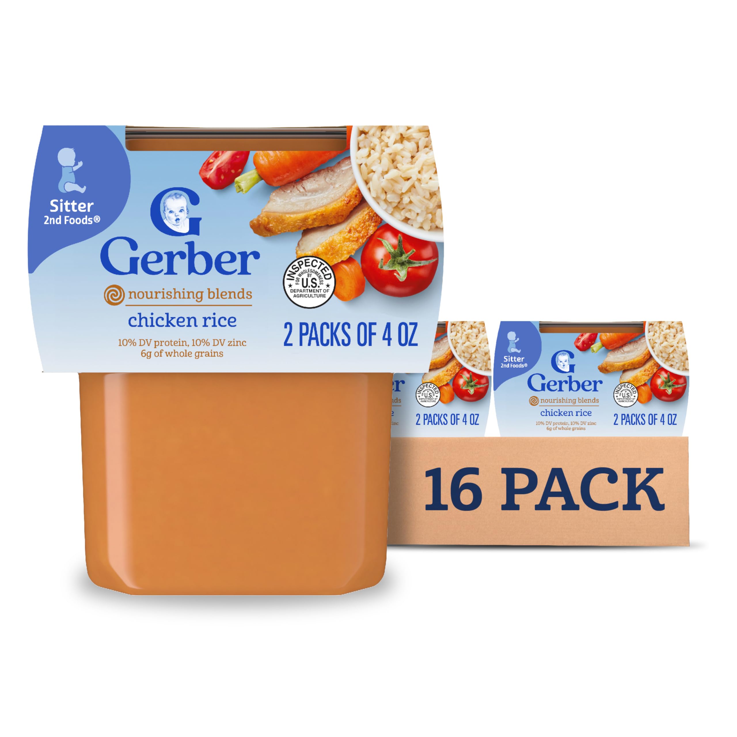 Gerber Baby Food 2nd Foods, Dinner, Chicken & Rice Puree, 4 Ounce Tubs, 2-Pack (Pack of 8)