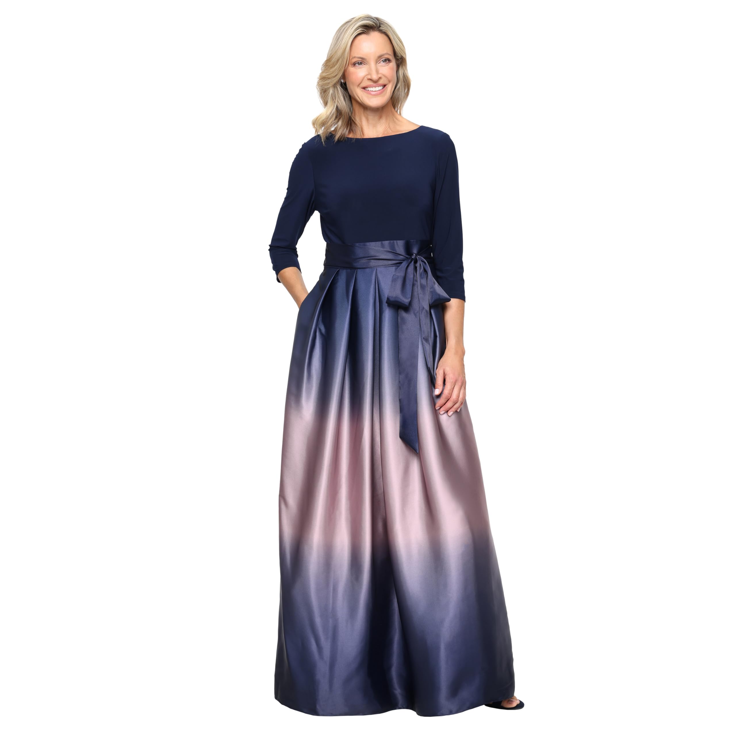 S.L. Fashions Women's 3/4 Sleeve Long Satin Mother of the Bride Dress with Pockets, Formal Party Gown