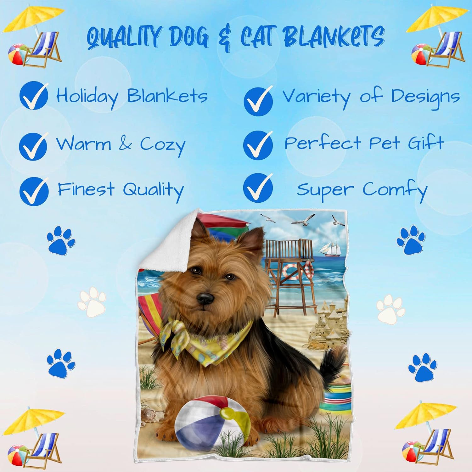 Pet Friendly Beach Australian Terrier Dog Blanket - Lightweight Super Soft Cozy and Durable Bed Blanket - Animal Theme Fuzzy Blanket for Sofa Bed Couch BLNKT55456 (50x60 Sherpa)