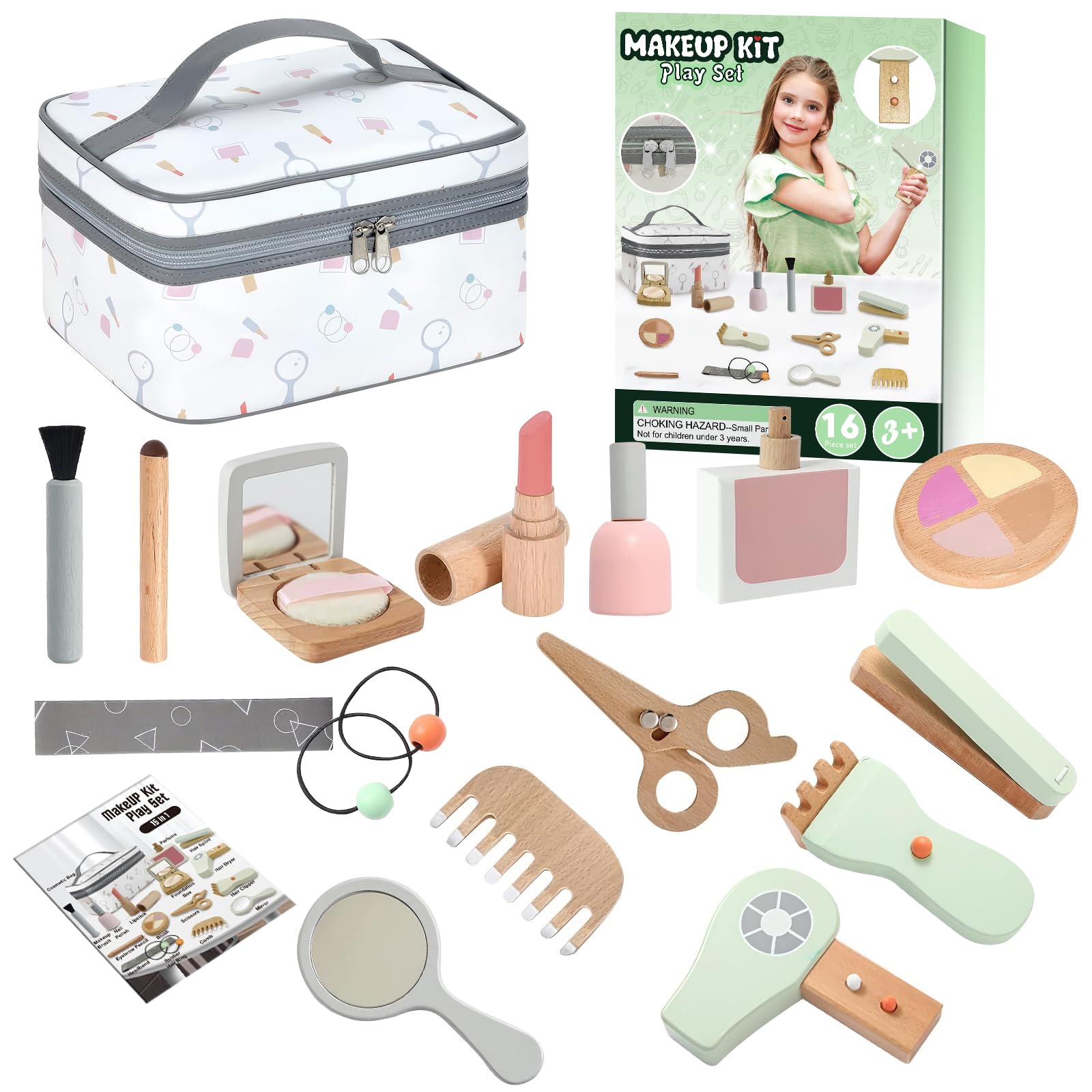 WELIN Wooden Makeup Toy Set, Pretend Play Makeup Kit for Girls, 3-5 Years Old Toddler Makeup Toy Set, Cute Wooden Beauty Salon Toy Set for Kids, Christmas Birthday Gifts for Girls Aged 3, 4, 5