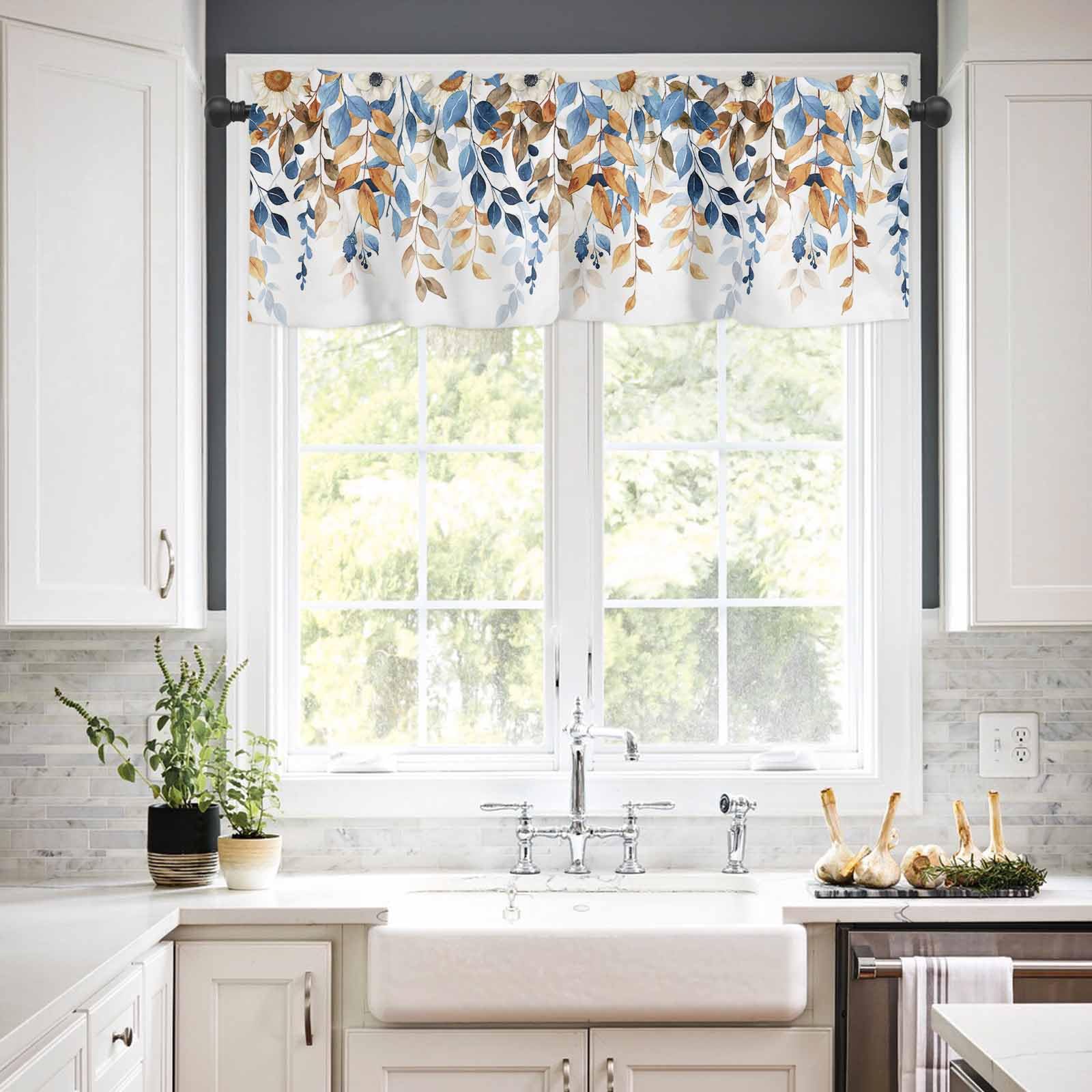 Fall Eucalyptus Leaves Valance Curtains for Kitchen Window Above Sink 42x12 Inch,Blue and Burnt Orange Leaves Rod Pocket Short Curtain for Living Room Sunflower Valances for Windows/Bathroom/Bedroom