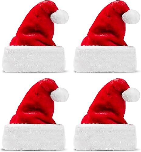 JOYIN Sombreros de Navidad, paquete de 4 sombreros de Papá Noel de alta calidad, sombreros de Navidad de terciopelo rojo para Navidad, suministros
