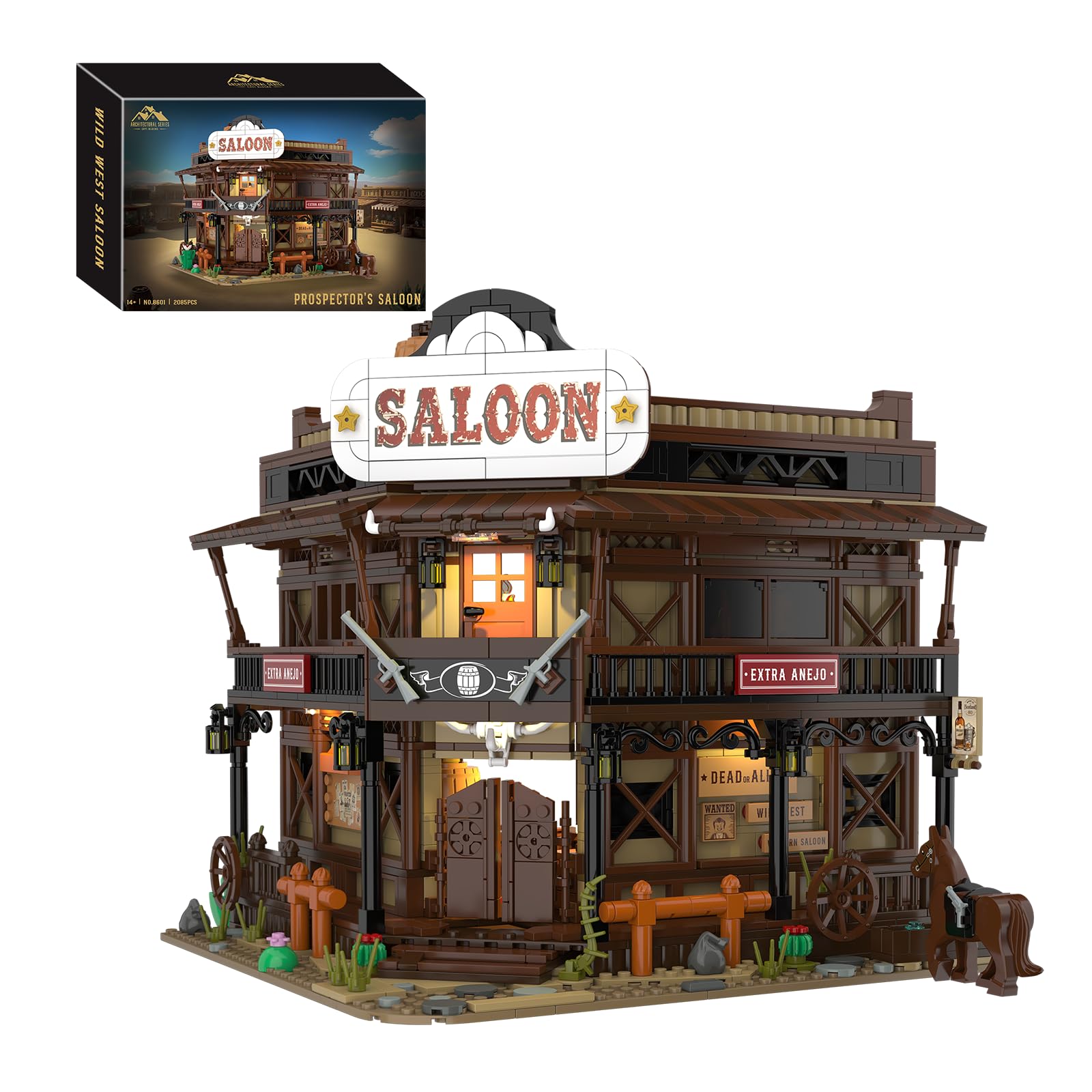 amireed Wild West Saloon Lighting Building Set for Adult, 2085 PCS Western Sets Saloon Modular Building Blocks, Old West Cowboy Cabin Construction Model Set for Adults Men and West Lovers