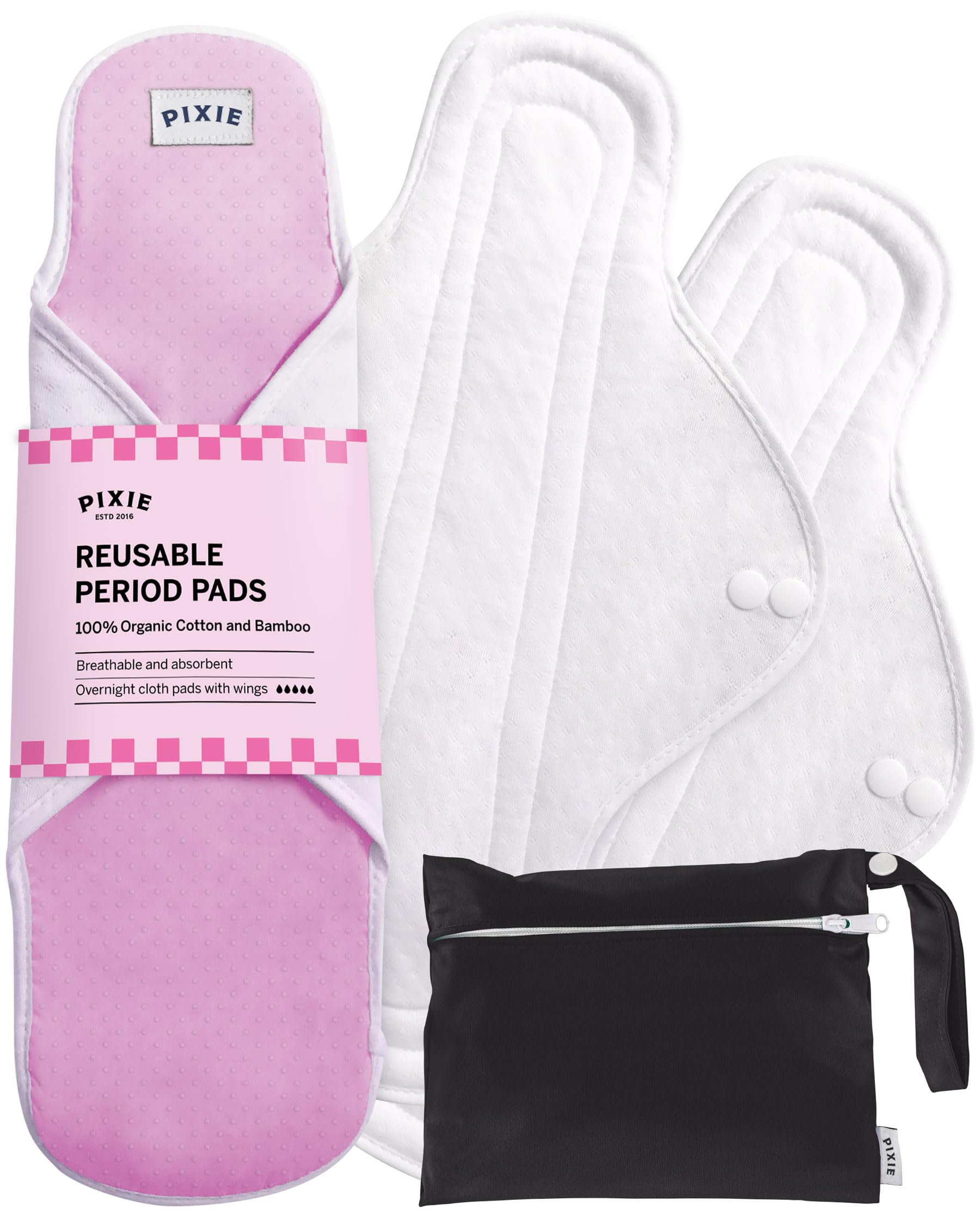 Pixie Pads – Clasificado 1 para la mayoría de almohadillas menstruales reutilizables – Incluye bolsa húmeda de tela para forros de bragas (durante la noche)