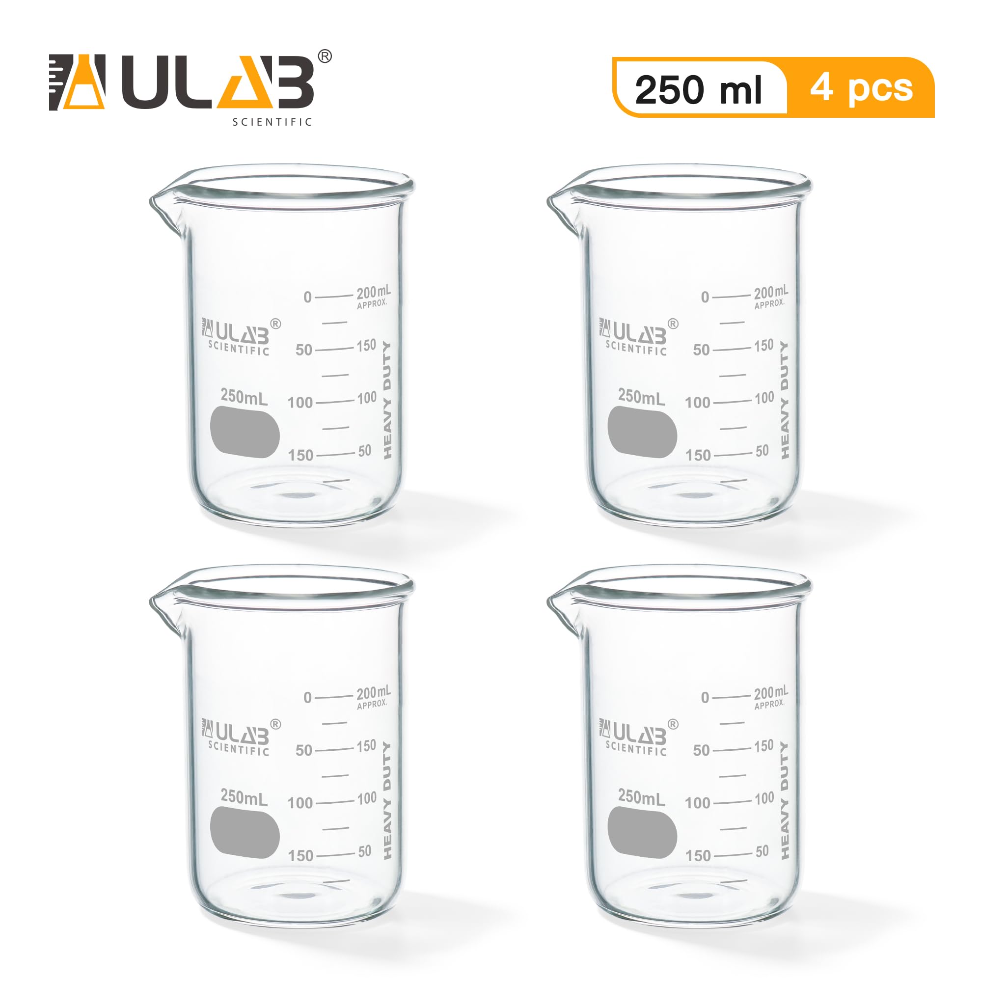 ULAB Scientific UBG1015 - Juego de vasos de precipitados de vidrio (250 ml, 3.3 borosilicato Griffin de forma baja con graduación impresa, 4 unidades)