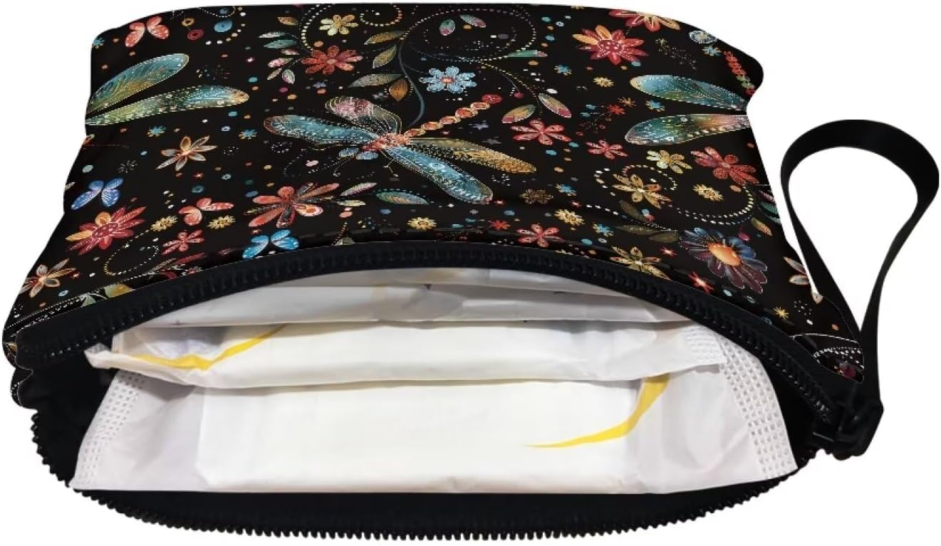 doginthehole Coin Purse Pouch for Women, Aesthetic Colorful Floral Dragonfly Printed Mini Cash Wallet with Straps Sanitary Napkin Storage Bag for Women image 5