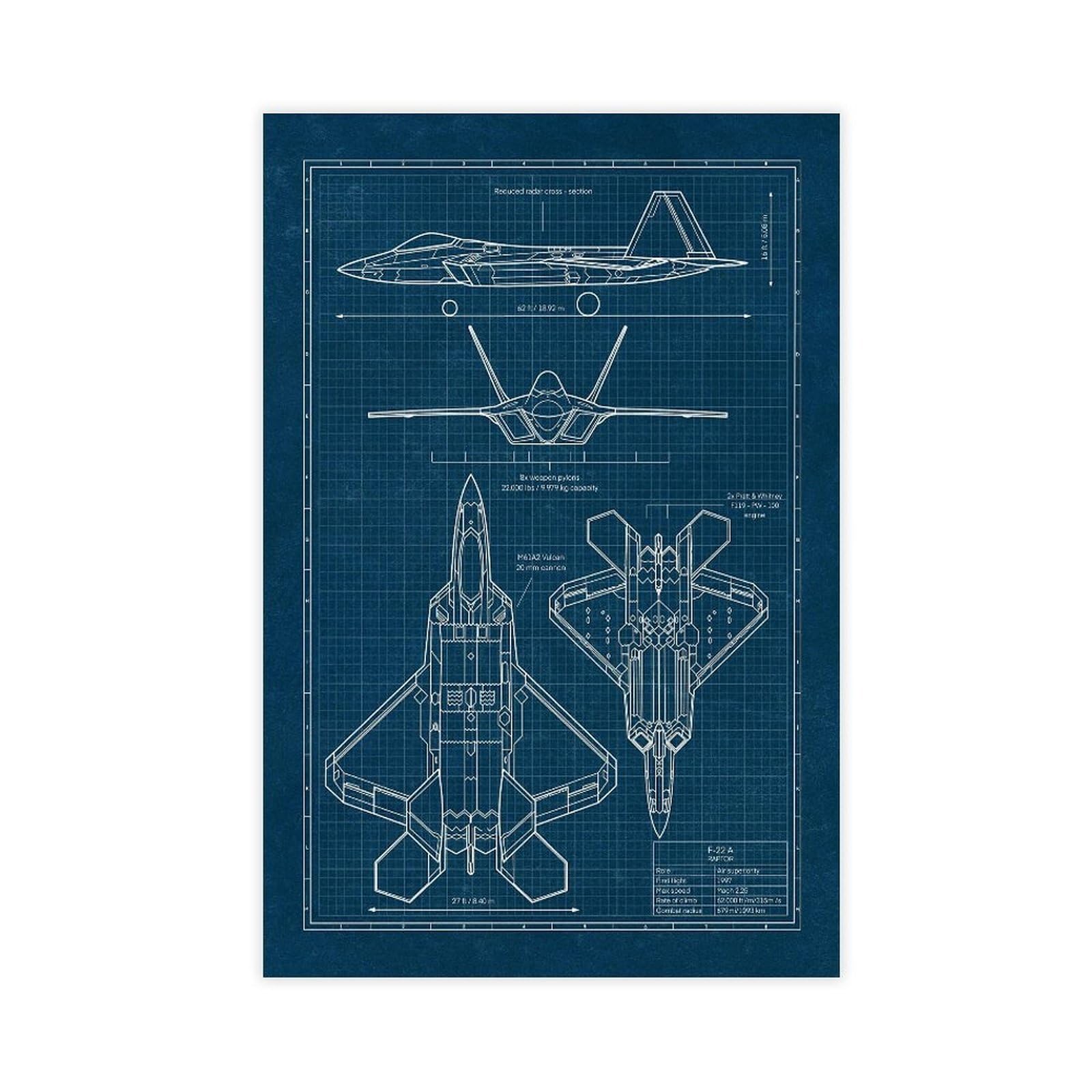 QZFNCOYU F-22 Raptor Blueprint Fighter Aircraft Poster Canvas Poster Wall Art Decor Print Picture Paintings for Living Room Bedroom Decoration 16x24inch(40x60cm)
