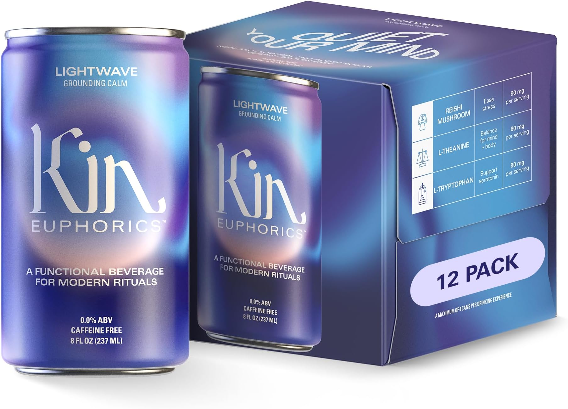 Kin Euphorics Lightwave Non-Alcoholic Functional Beverage | Calm the Mind & Mellow the Mood | Adaptogens, Nootropics, Reishi Mushroom & L-Theanine | 8 Fl Oz (12pk)