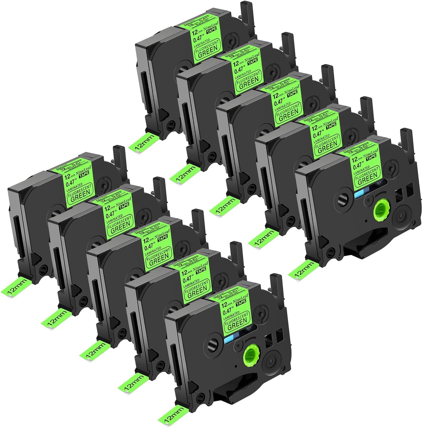 NineLeaf 10 Pack Compatible for Brother TZe-D31 TZeD31 TZ-D31 TZD31 Label Tape 12mm 1/2'' 0.47'' Black on Fluo Green Laminated Labeling Work with P-Touch PT-D210 PT-P700 PT-H100 PT-1290 Label Maker