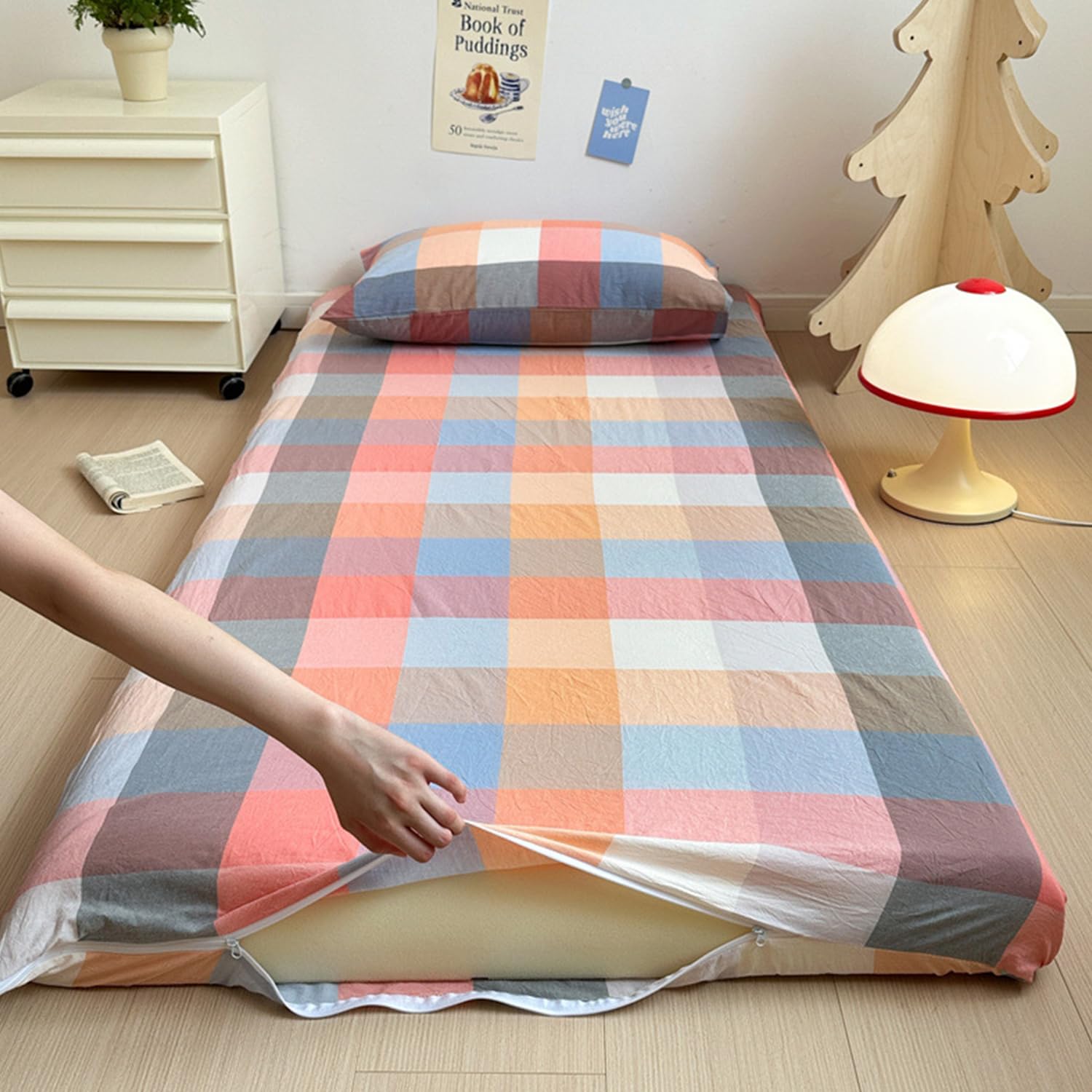 LDLCYCN K,90x200cm(TWIN), 100% Cotton Floor Futon Mattress Cover Skin-Friendly Futon Mattress Cover with Zipper Full Wrap Traditional Japanese Futon Mattress Cover Dustproof Cover Washable