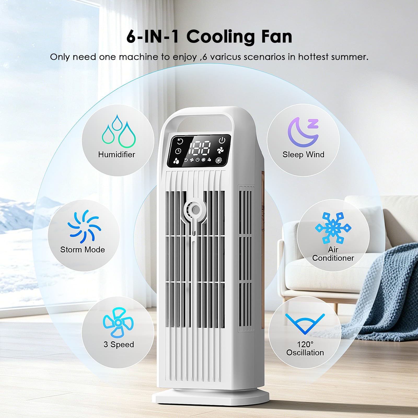 Climatiseur portable sans tuyau 6 en 1, rafraîchisseur d’air à refroidissement par eau, silencieux 36 W, réservoir 1200 ml, mode turbo 7 m/s, pour chambre et appartement, blanc perle