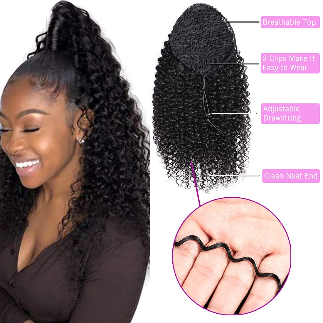 Curly Human Hair Ponytail Weave with Wrap Drawstring 3C Brazilian Hair Natural Color Afro Kinky Curly Hair Piece Clip-in Extensions Hair Pieces for Women (26 Inch, Curly)