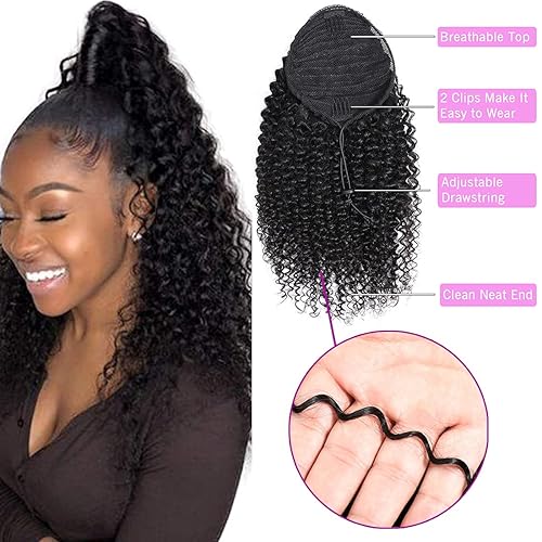 Miniatura 29 de Human Hair Water Wave Drawstring Ponytail Extensions - Natural Black Corn Wave for Black Women - Clip in Extensions (20")
