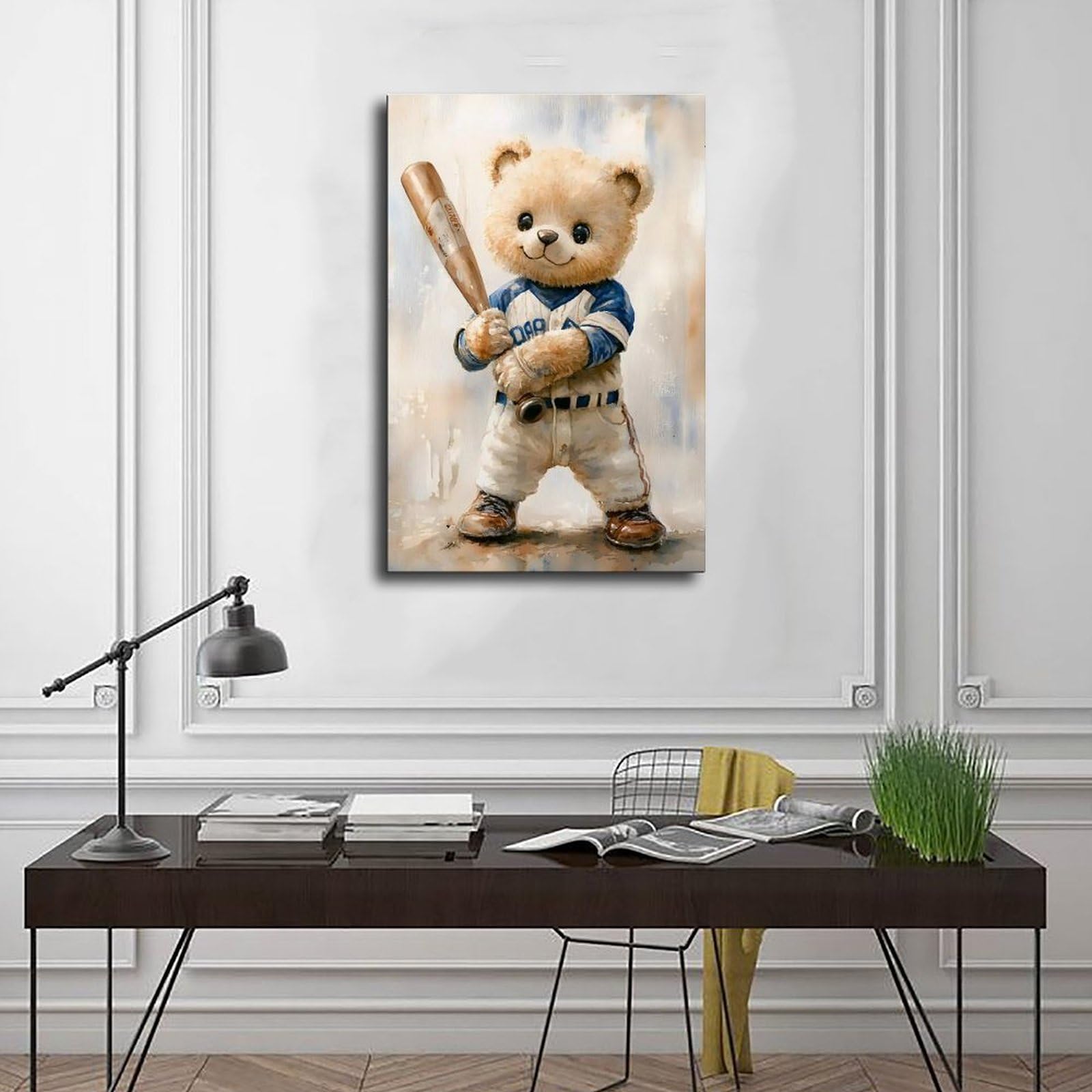 Leinwandposter mit Teddybär-Baseballspieler, Schlafzimmerdekoration, Landschaft, Büro, Raumdekoration, Geschenk, 61 x 91,4 cm (L x B)