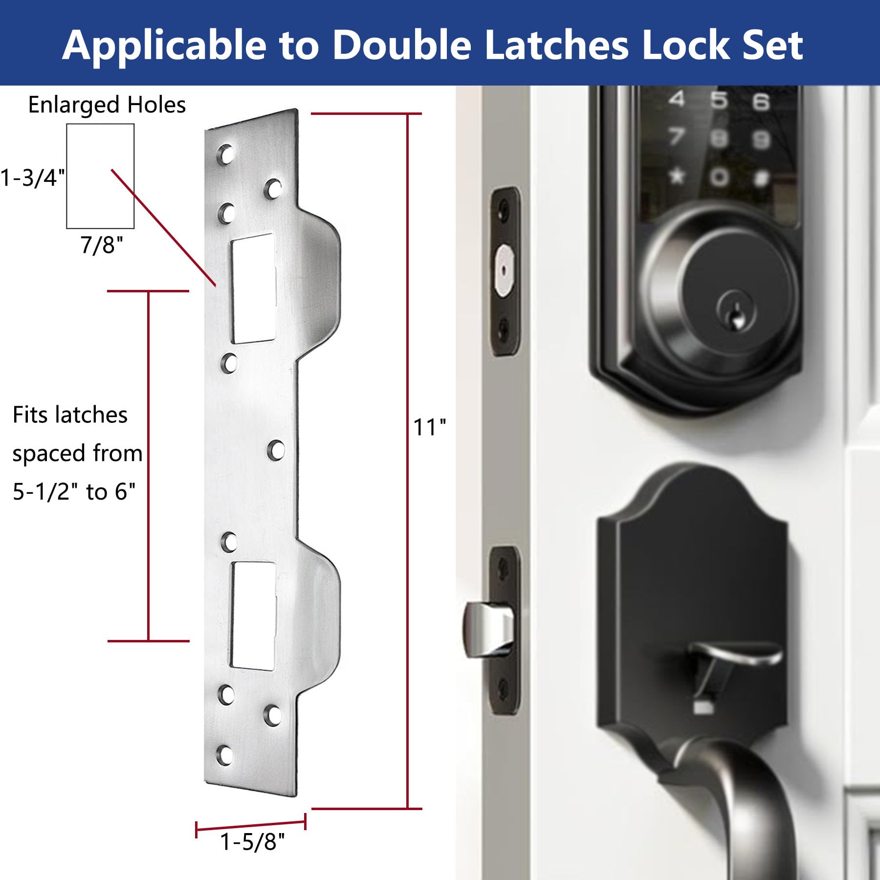 Lot de 2 plaques de renfort pour porte d'entrée - Double gâche pour centres de trous de 14 cm - Très résistante - Dispositifs de sécurité de porte d'entrée - Nickel satiné