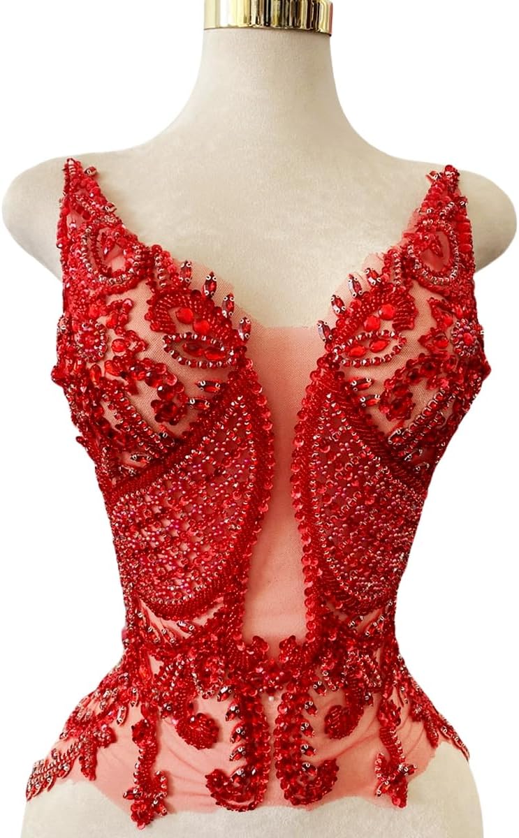 Handmade Rhinestone Applique Sewing Beads Stones Trim Patches for Skirt Accessories 15X22.4inches (Red)